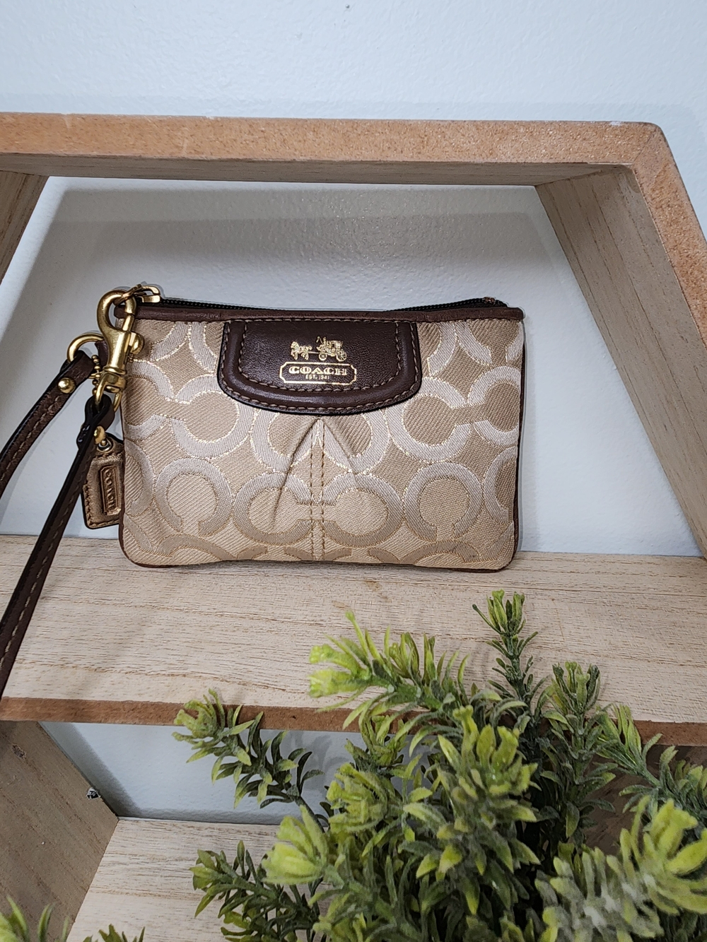 Coach Beige Signature Wristlet with Brown Leather Trim